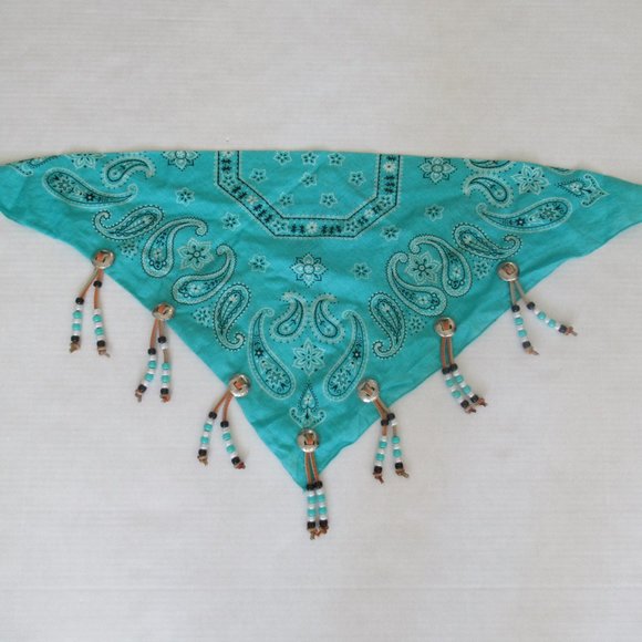 Y2K Southwestern Bandana Silver Tone Metal Conchos, Leather Fringe & Beads New - Picture 3 of 10